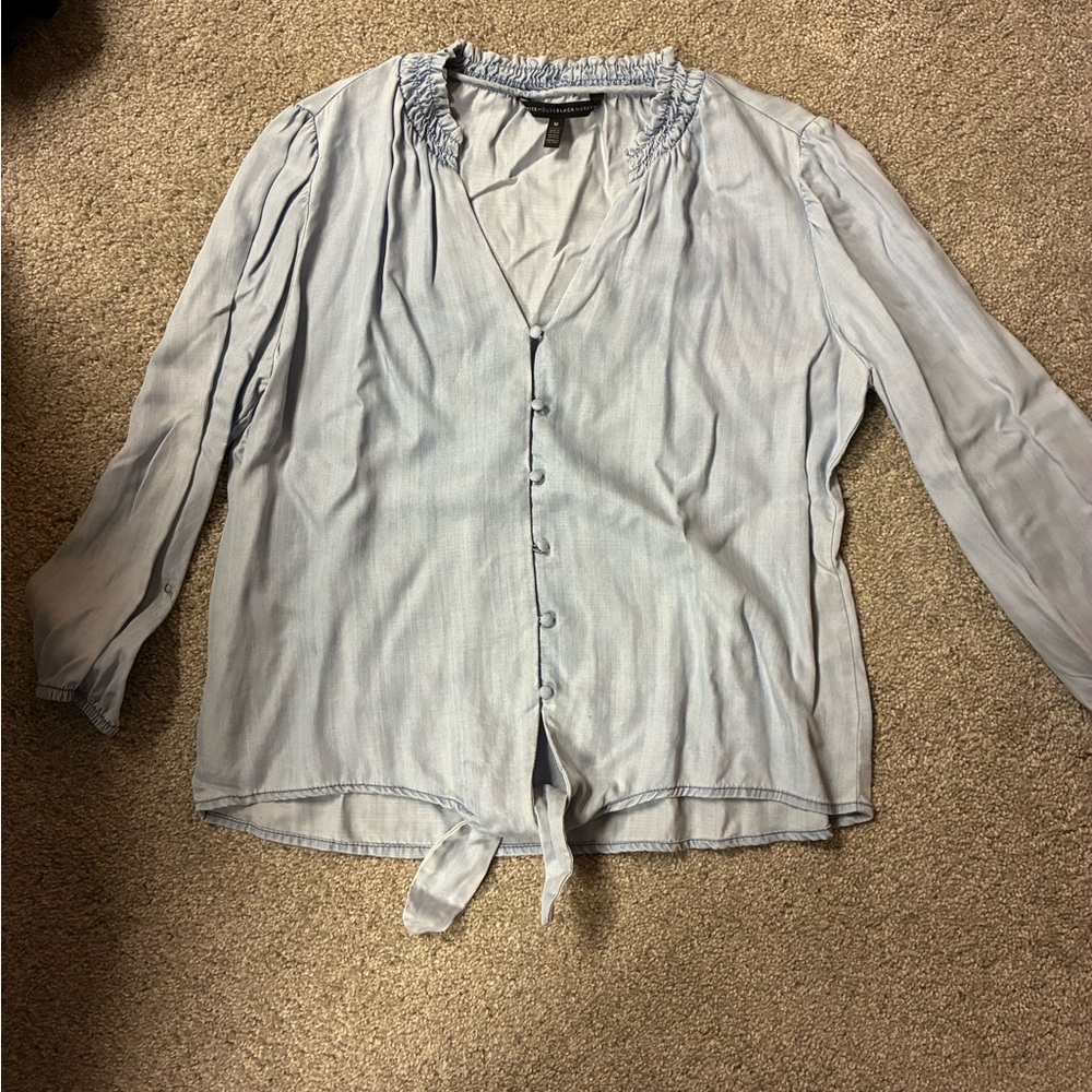 White House Black Market Light Blue Elastic-Neck Blouse